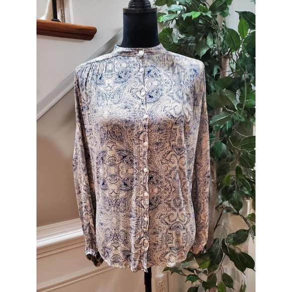 Blu Heaven Women's White Blue Paisley Rayon Long Sleeve Button Down Shirt Medium - Picture 1 of 11